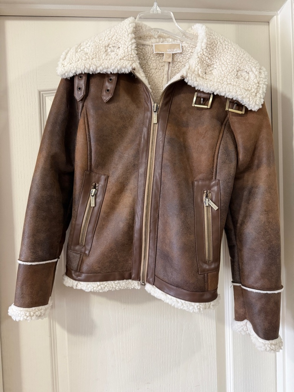 Michael Kors Brown Shearling-Trim Aviator Jacket